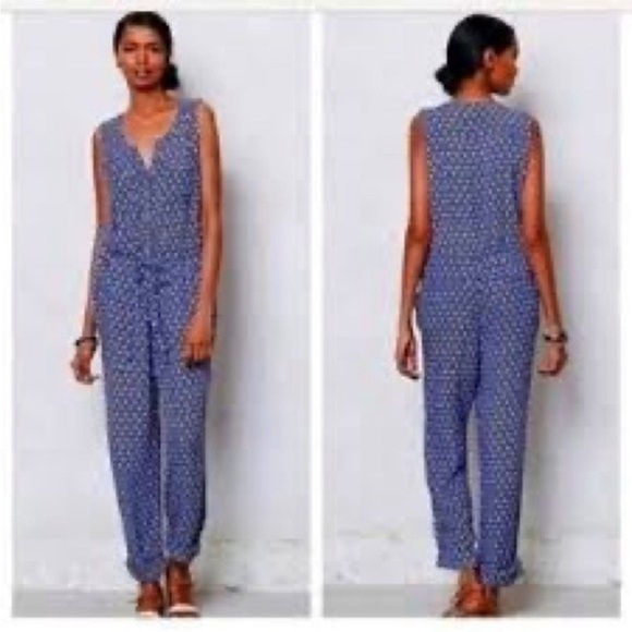 ANTHROPOLOGIE Lilka Blue Geometric Print Sleeveless Jumpsuit With Pockets - Picture 1 of 8